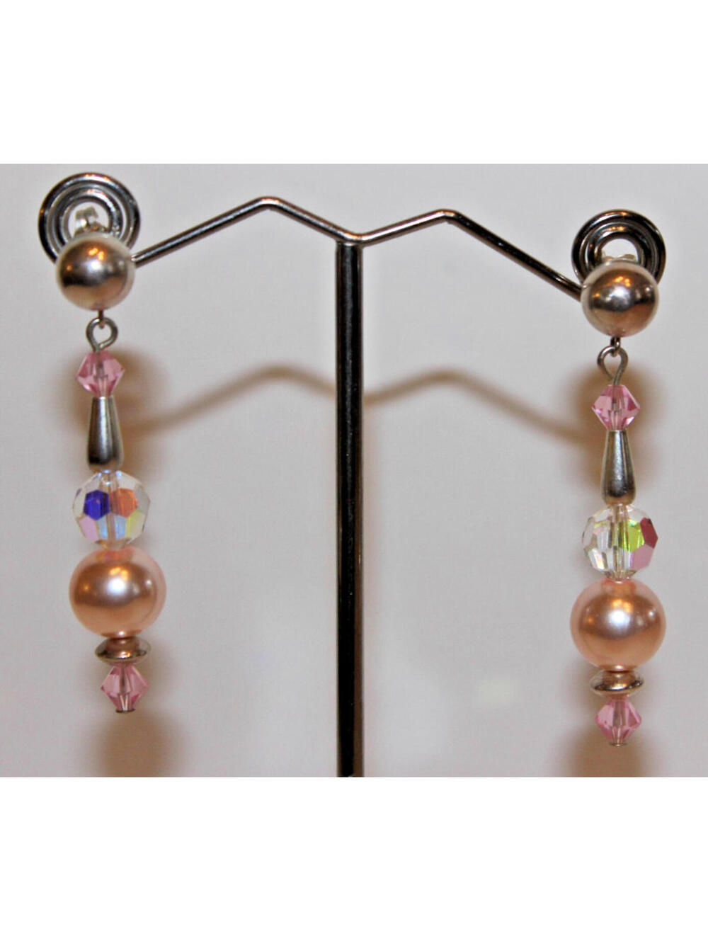 Vintage 925 Sterling Pink Crystal Faux Pearl Dangle Post Earrings 2” Sparkle